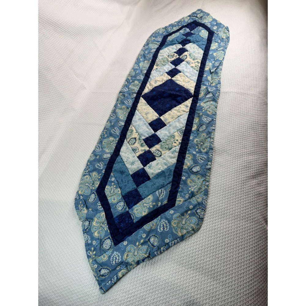 Handmade Quilted Table Runner Blue Floral French Braid Patchwork 48x15.5 Cottage